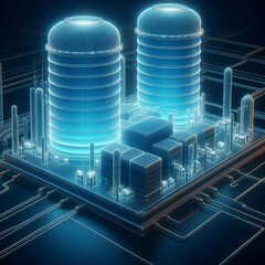 Chemistry or oil refinery plant. Neon light image of an industrial object for advertising and presentation purposes.