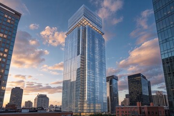 Obraz premium Elegant Skyscraper Tower in Urban Setting with Impressive Glasswork
