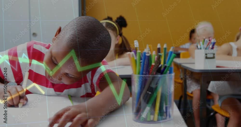 Poster boy starting writing assignment triggers translucent education graph overlay connecting students