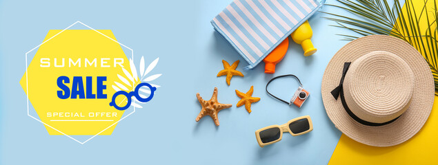 Composition with beach accessories and starfishes on color background