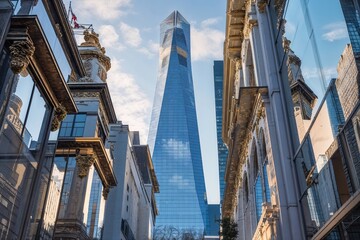 Fototapeta premium Stylish Skyscraper Landmarks Showcasing Ornamental Exteriors and Window Views in Urban Reflections