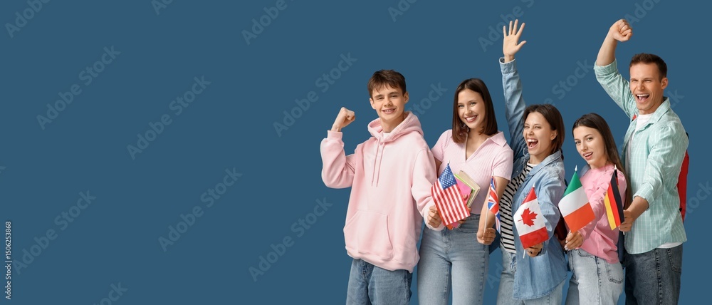 Poster group of happy students with flags of different countries on blue background with space for text