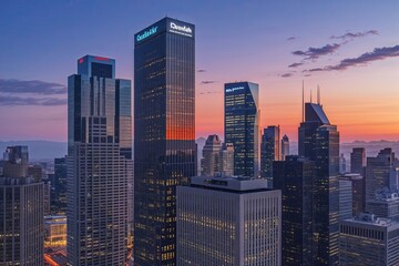 Imposing Corporate Buildings at Dusk Overlooking the City Skyline