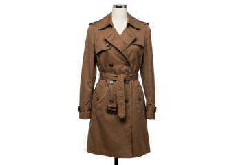 Elegant brown trench coat on mannequin isolated on transparent background