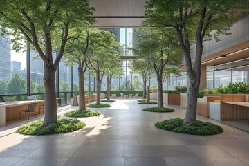 Fototapeta premium Forward-Thinking Commercial Workspace Surrounded by Green Trees in an Urban Environment