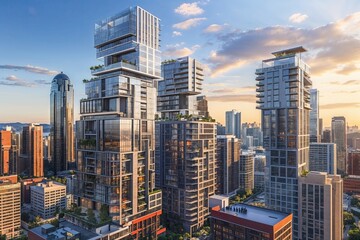 Fototapeta premium Vibrant Layers of Dynamic Architecture and Mixed-Use Highrises with Urban Skyline Views
