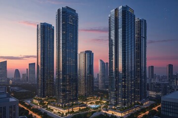 Obraz premium Sleek Towers at Twilight in a Contemporary Urban District