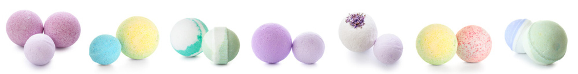 Set of many different bath bombs on white background