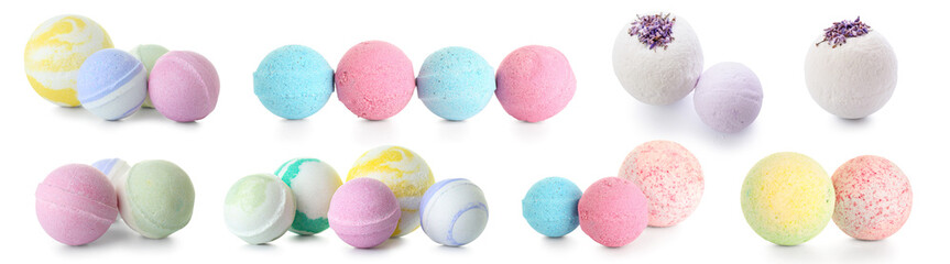 Set of many different bath bombs on white background