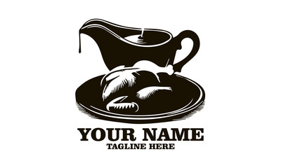 steaming gravy boat and roasted turkey vector illustration, steaming gravy boat and roasted turkey logo design with white background