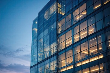 Close-Up Frame of a Luminous Glass Office Building with Interior Glow