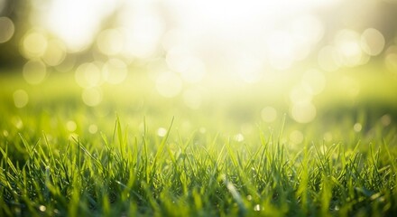 Fototapeta premium Sunlight Shining Over Green Grass in a Spring Meadow with Bokeh Effect