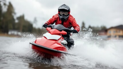 Red Jet Ski Rider Splashing Through Water