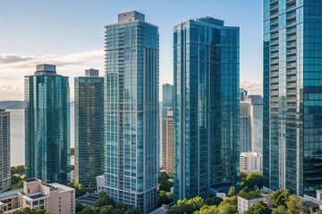 Fototapeta premium Stunning View of Juxtaposed High-Rise Buildings with Sleek Glass Facades