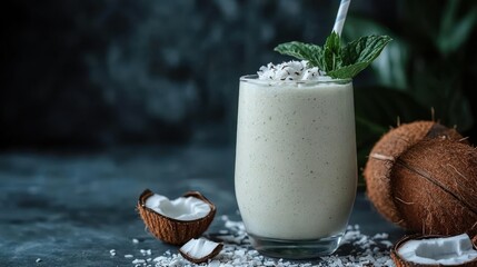 Refreshing Coconut Smoothie with Mint Garnish