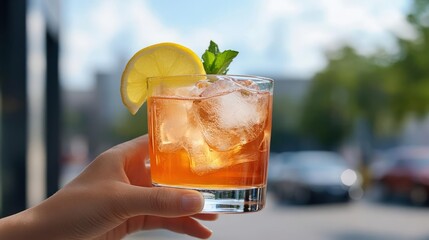Refreshing drink with ice, lemon, and mint held in hand.