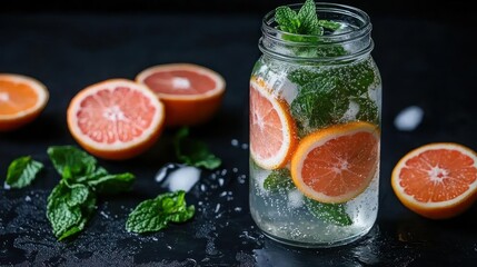 Refreshing grapefruit infused water with mint in a glass jar.