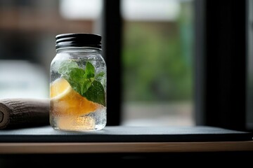 Refreshing lemon and mint infused water in a jar.
