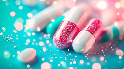 colorful pink and white capsules with glitter on turquoise background in closeup with sparkling bokeh

