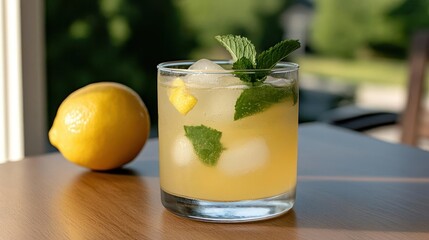Refreshing Lemonade with Mint and Ice on Table
