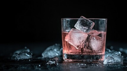 Refreshing Pink Drink with Ice Cubes on Dark Background