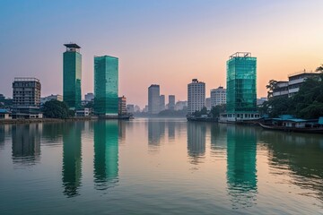 Fototapeta premium Tranquil Sunrise Over Dhaka Inlet with Modern Glass Architecture