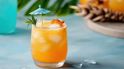 Refreshing Tropical Cocktail with Umbrella and Ice