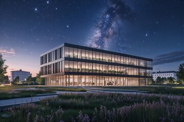 Obraz premium Stunning Modern Office Building in Szczecin Poland with Scenic Starry Views