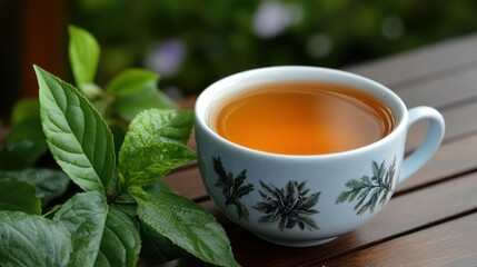 Relaxing Cup of Tea with Fresh Green Leaves