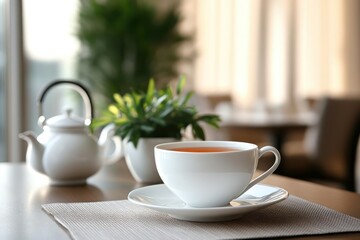 Relaxing Cup of Tea with Kettle and Plant