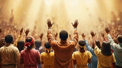 A crowd of people stands with their hands raised toward bright light, seemingly in worship or praise. gospel concept - Powered by Adobe