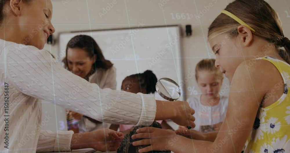 Poster teacher placing rock causing student examining using lens in class with animated crack highlights