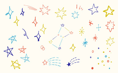 手書きの星・星座・キラキラ・流れ星のイラストセット(カラー)