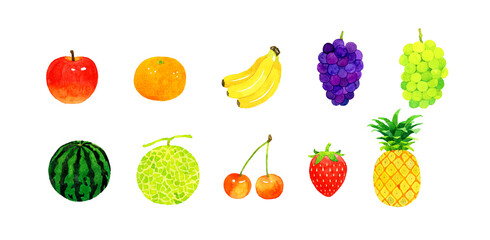 定番フルーツのセット　手描き水彩イラスト素材集