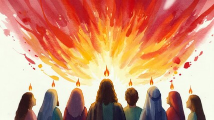 A Watercolor Illustration Depicts the Pentecost, Featuring Flames over Heads of Disciples as Great Fiery Blast Descends from Above.