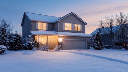 Inviting Suburban Home Bathed in the Warm Glow of Winter Evening Twilight