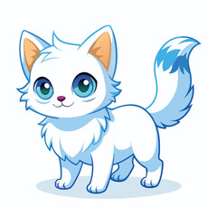 Fototapeta premium A small, fluffy white kitten with striking blue eyes walks to the right against a white background. 