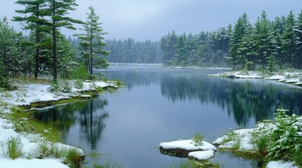 Obraz premium Snowy lake with pine forest, and winter.