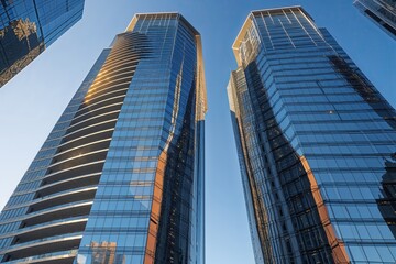 Naklejka premium Distinctive Views of High-Rise Office Buildings Side Contours with Reflective Facades