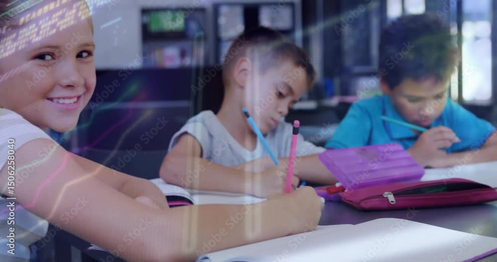 Poster boys writing notebooks with pencil cases in classroom library girl entering then joining classwork