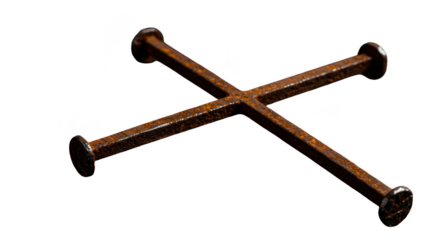 Isolated 3D Rendering of Rusty Nails Forming Cross Pattern on Transparent