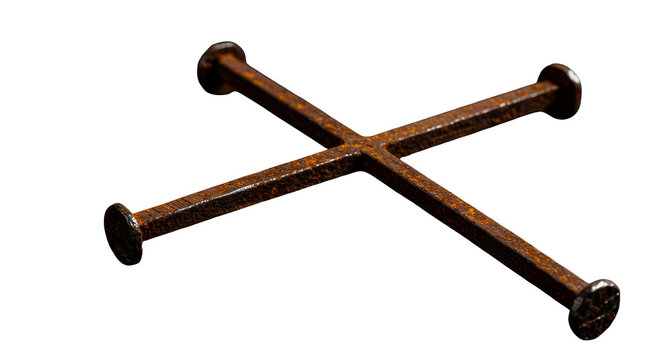 Isolated 3D Rendering of Rusty Nails Forming Cross Pattern on Transparent