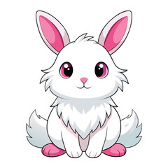 A small, fluffy white rabbit with pink ears sits and appears to be grooming its paws with white background