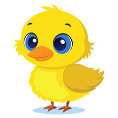 A small, fluffy yellow duckling with big blue eyes and an orange bill stands facing forward with white background
