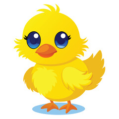 A small, fluffy yellow duckling with big blue eyes and an orange bill stands facing forward with white background
