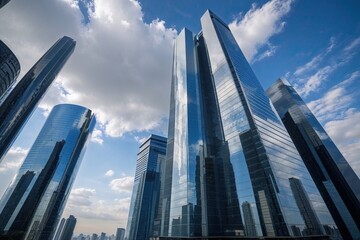Fototapeta premium Stunning High-Rise Building with Reflective Facades and Sky Reflections in Modern Cityscape