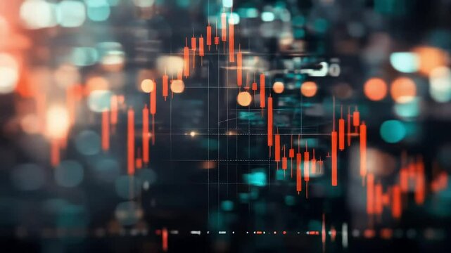Abstract financial chart with blurred city lights backdrop, showing candlestick patterns indicating market trends