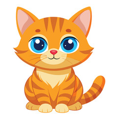 A small, ginger kitten with striking blue eyes sits looking upwards with a sweet expression with white background