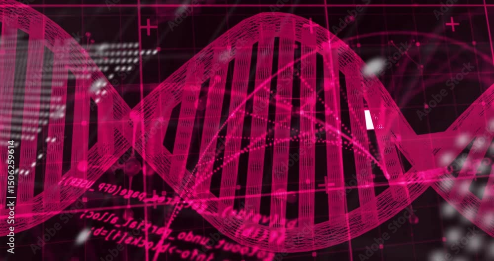 Aufkleber on playback magenta 3d dna helix rotating right while code scrolling, visualizing global data flow