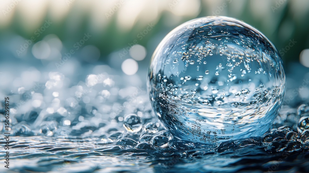 Poster crystal ball reflection floating on water surface with bubbles closeup
